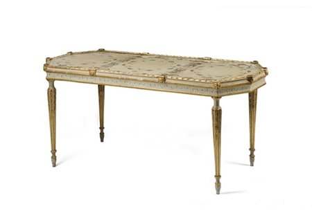 Piano a tecnica mista policroma con decoro a grottesche, girali di foglie e fio