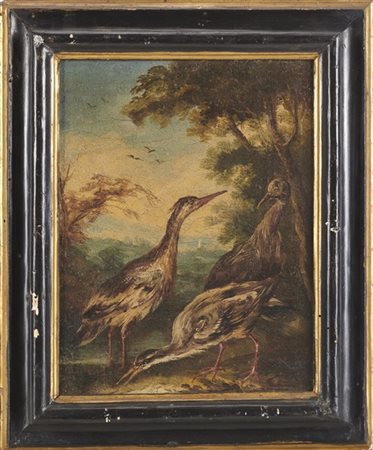 Giovanni Crivelli "Volatili in un paesaggio"coppia di dipinti ad olio su tela (