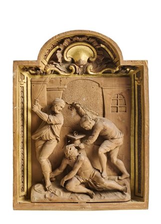 Scultore lombardo del secolo XVIII. "Flagellazione di Cristo", rilievo in cirmo
