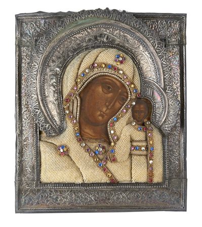 Arte russa, secolo XIX. Icona a tempera su tavola raffigurante Madonna di Kazan