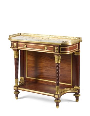 Console sagomata in mogano e bronzo dorato con un cassetto nella fascia. Gambe