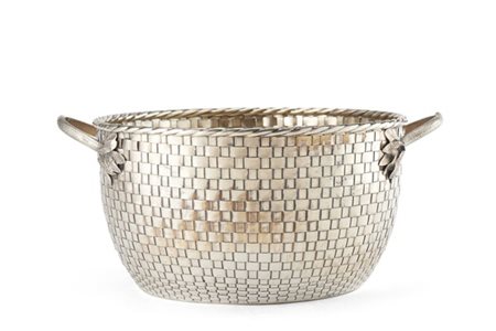 Grande portavaso biansato in argento in forma di cesto a finto vimini, profilo