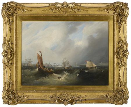 Frederick Clavert (attr.)"Marine con barche"coppia di dipinti ad olio su tela