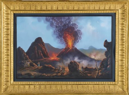 Scuola napoletana del secolo XIX. "Eruzione del Vesuvio" gouache su carta (cm 4