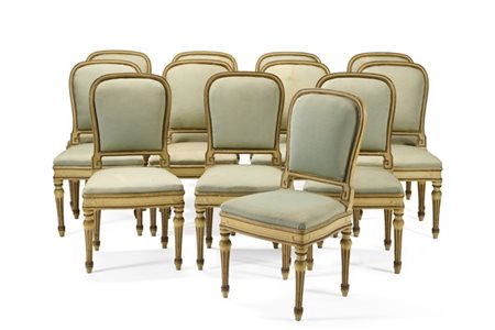 Gruppo di dodici sedie Luigi XVI in legno dipinto e laccato con gambe scanalate
