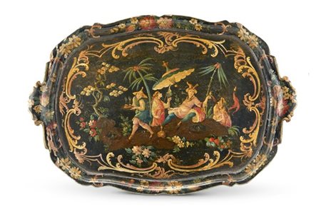 Manifattura veneta, secolo XVIII. Vassoio biansato a profilo mistilineo in legn