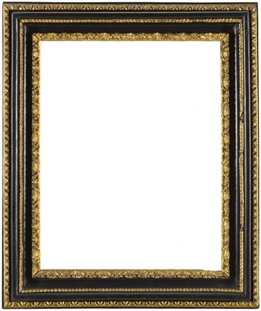 Coppia di antiche cornici rettangolari in legno intagliato, ebanizzato e dorato