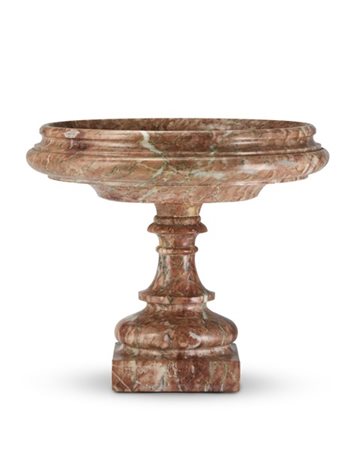 Alzata in marmo rosa, sostegno tornito su base quadrata (h. cm 28) (difetti e r