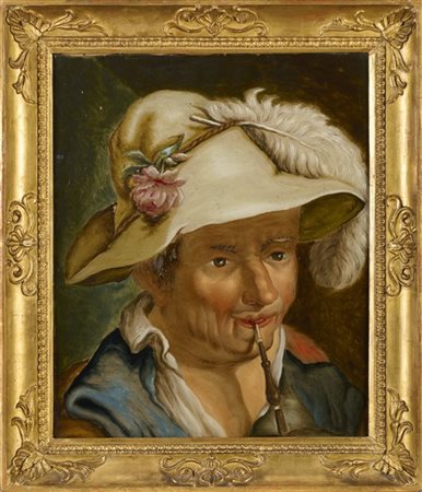 Arte del secolo XIX. "Fumatore di pipa con rosa nel cappello" verre peint polic