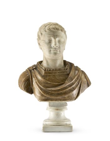 Mezzo busto virile ammantato in marmo bianco e alabastro su rocchio, base squad
