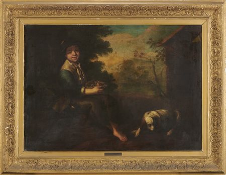 Scuola del secolo XVIII

"Ragazzo con cesta con pulcini e cane"
olio su tela (c
