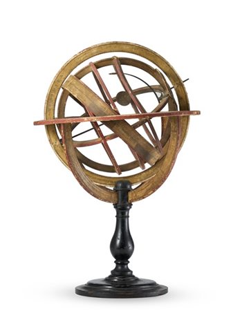 Sfera armillare in cartone pressato e legno. Sostegno in legno ebanizzato e tor