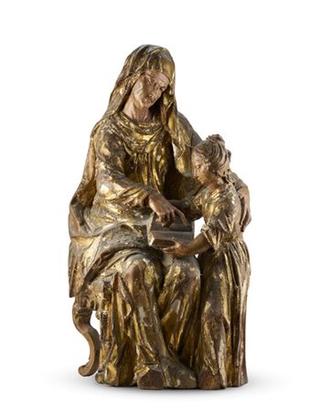 Scultore spagnolo del secolo XVII. "Sant'Anna e la Vergine bambina" in legno in