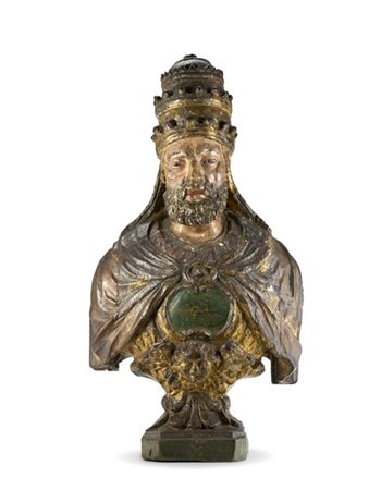 Arte del secolo XVII/XVIII. Busto reliquiario raffigurante Santo vescovo in leg