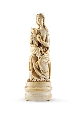 Scultore del secolo XIX. "Madonna col Bambino" figura in alabastro, su base cir
