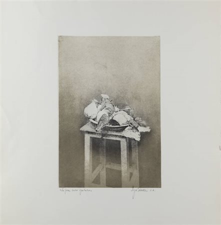 SERGIO SARONI<BR>Torino 1934 - 1991<BR>"Le pere sullo sgabello"