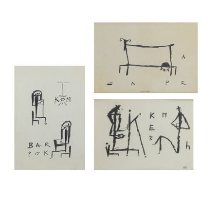 DIEGO SAIANI<BR>Nave (BS) 1946<BR>Lotto di tre quadretti:<BR>A) "Bar"<BR>B) "Ker"<BR>C) "Capra"