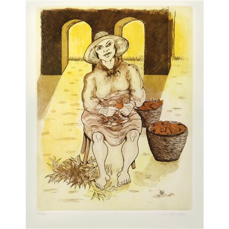 Giuseppe Migneco (Messina  1903-Milano  1997)  - Donna che pulisce le pannocchie