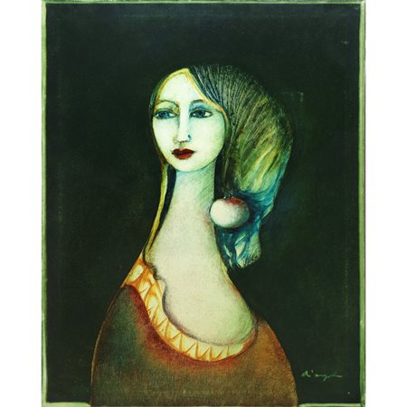 Cesare D'Angelo (Catania 1940-2006)  - Donna dal collo lungo con mela