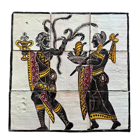 Composizione artistica composta da 9 mattonelle in terracotta smaltate e decorate a mano scena pompeiana