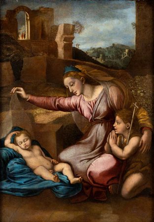 Raffaello Sanzio (seguace di) (Urbino 1483-Roma 1520) Madonna con San...
