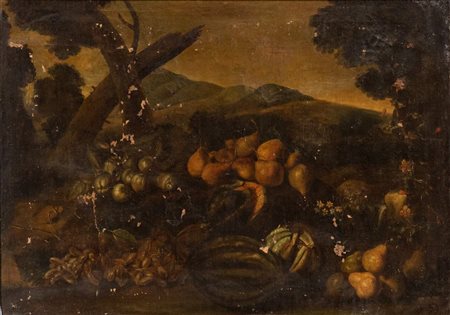 Scuola romana, XVII secolo () Natura morta di frutta in un paesaggio Olio su...