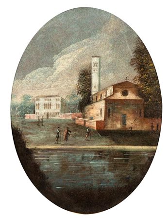 Artista veneto, XVIII secolo () Paesaggio lagunare con chiesa Olio su tela...