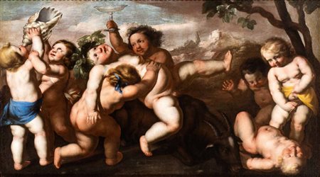 Artista napoletano, XVII secolo () Baccanale di putti in un paesaggio Olio su...