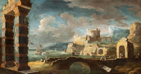 Leonardo Coccorante (Napoli 1680-Napoli 1750) Capriccio con porto e rovine...