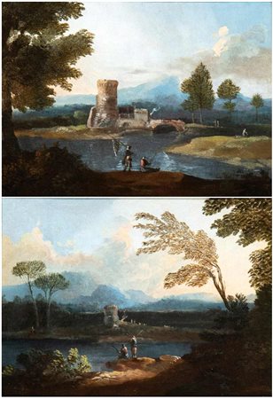 Paolo Anesi (1697-1773) a) Paesaggio con fiume, ponte e due pescatori; b)...