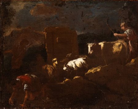 Artista napoletano, seconda metà XVII secolo () Paesaggio con pastore e...