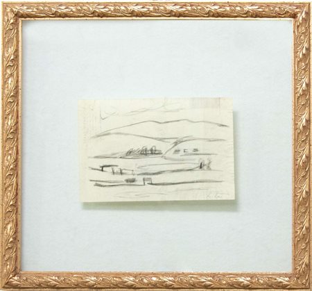 Enrico Baj, Paesaggio, 1947, carboncino su carta, cm 13,5x19,3, autentica a...