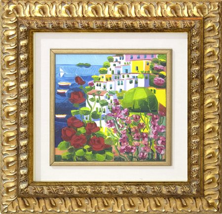 Athos Faccincani, Positano con rose rosse, 2005, olio su tela, cm 30x30,...