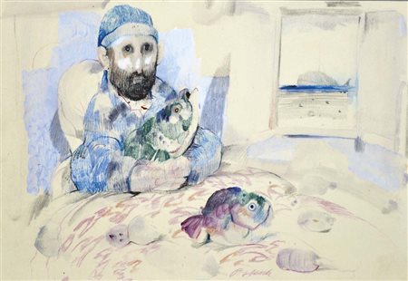 POSSENTI ANTONIO Lucca 1933 Camera del pescatore 1976 tecnica mista su carta...