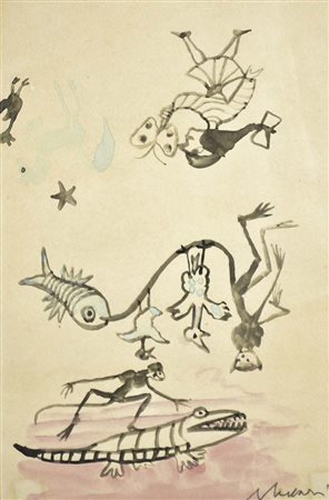 MACCARI MINO Siena 1898 - Roma 1989 Pagina d'album (anni'70) acquerello su...