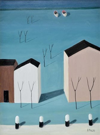 MAGRI ANTENORE Ferrara 1907 - 1978 Paese di pescatori 1972 olio su tela 70x50...