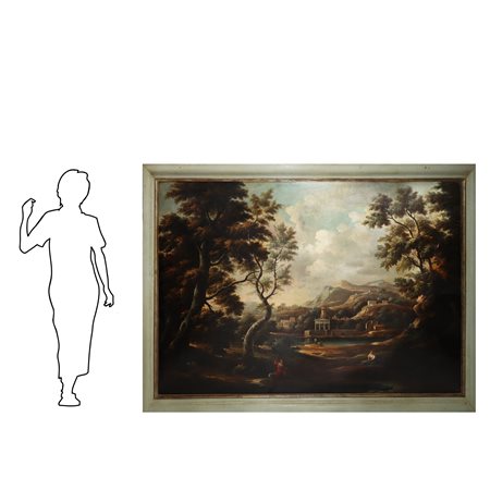Jan Frans van Bloemen L'Orizzonte (Anversa 1662-Roma 1749)  - Paesaggio con personaggi e tempio sullo sfondo