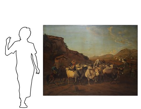 Charles Coumont (Belgio 1822-Belgio 1889)  - Paesaggio con mandriani romani e buoi, nineteen° secolo