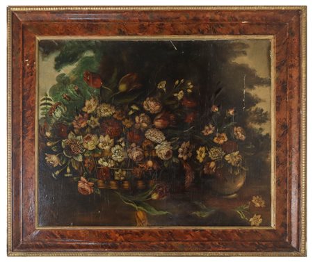 Composizione di fiori in cesto e in vaso, 19° secolo painter