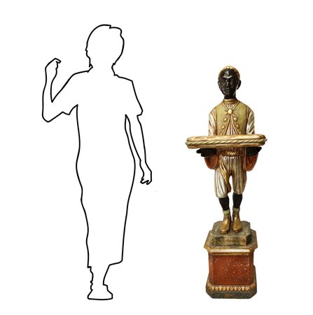 Moro veneziano con vassoio in legno policromo su base a plinto, fine 19° secolo