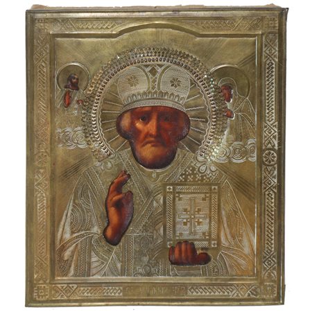 Icona Russa raffigurante San Nicola benedicente con Cristo e la Madonna ai lati, fine 19° secolo