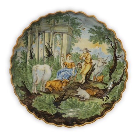 Aurelio Anselmo Grue (attribuito a) (1699-1759)  - Crespina Castelli in maiolica con scena arcadica, 18° secolo