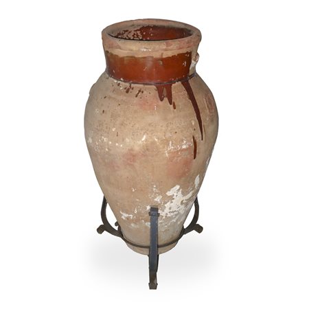 Giara in cotto con collo smaltato e base in ferro