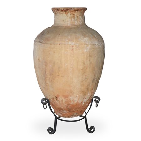 Giara in cotto con collo smaltato e base in ferro