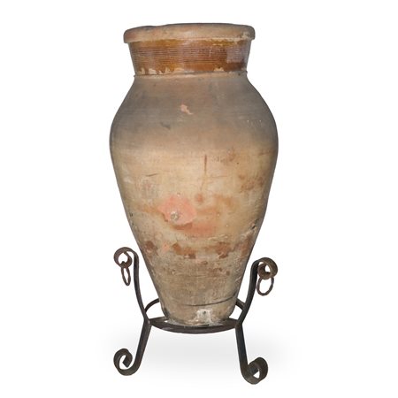 Giara in cotto con collo smaltato e base in ferro