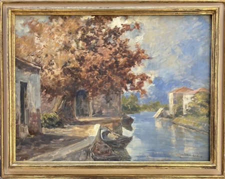 Rodolfo Paoletti Venezia 1866 - Milano 1924, Barche lungo il canale 