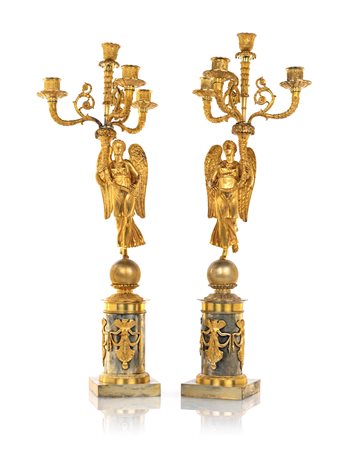 Coppia di candelabri in bronzo dorato a quattro luci, Francia, epoca Impero...