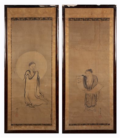 Coppia di antichi pannelli giapponesi, scuola di Nakahashi Kano, primo...