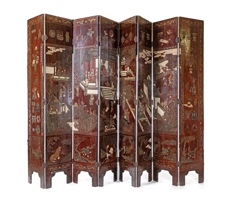 Paravento a otto ante in legno e lacca di Coromandel, Cina, XVIII secolo cm...