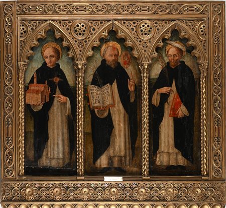 Scuola toscana del XV secolo Trittico con San Domenico San Tommaso d'Aquino e...